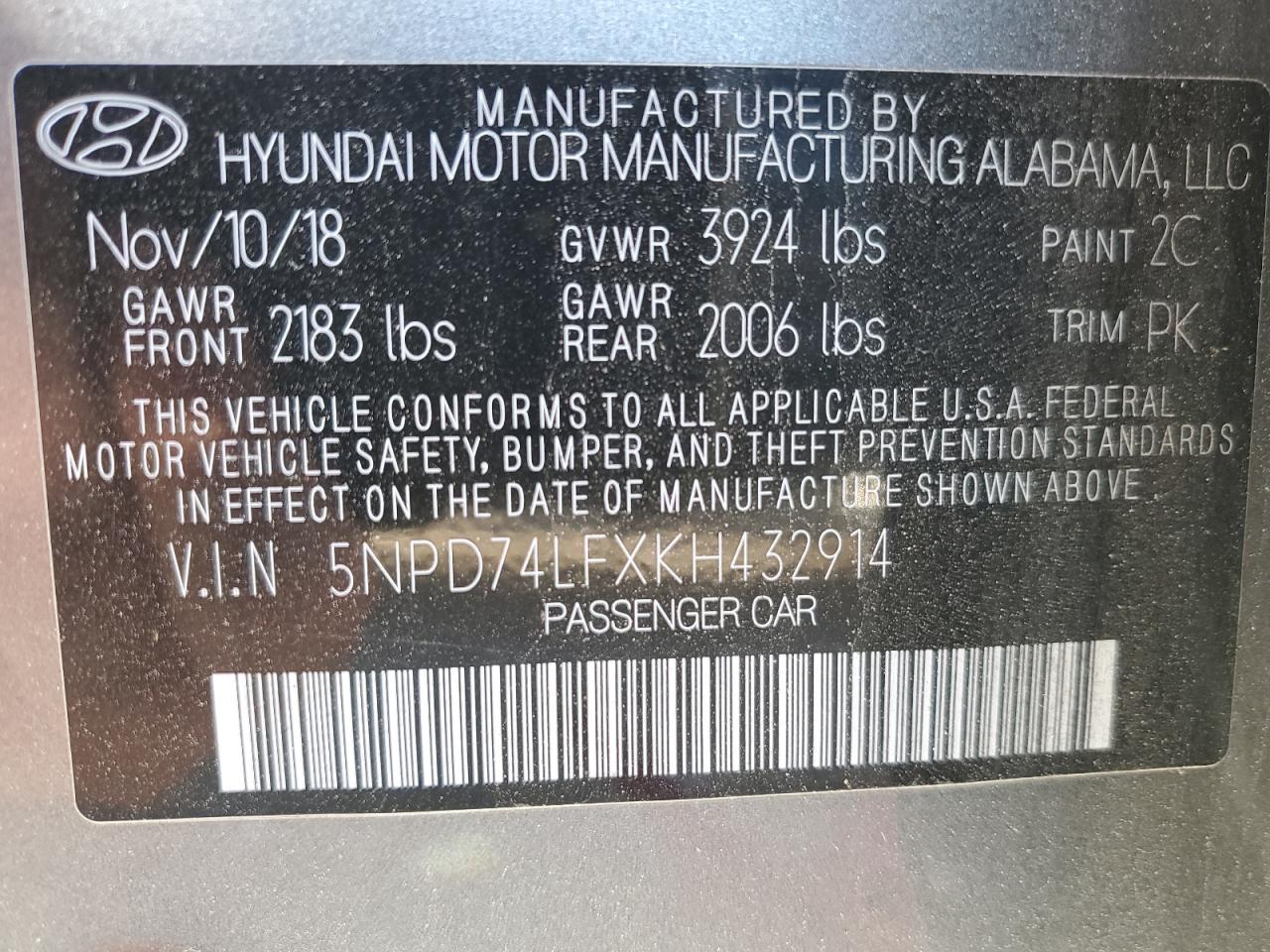 2019 Hyundai Elantra Se VIN: 5NPD74LFXKH432914 Lot: 85027584