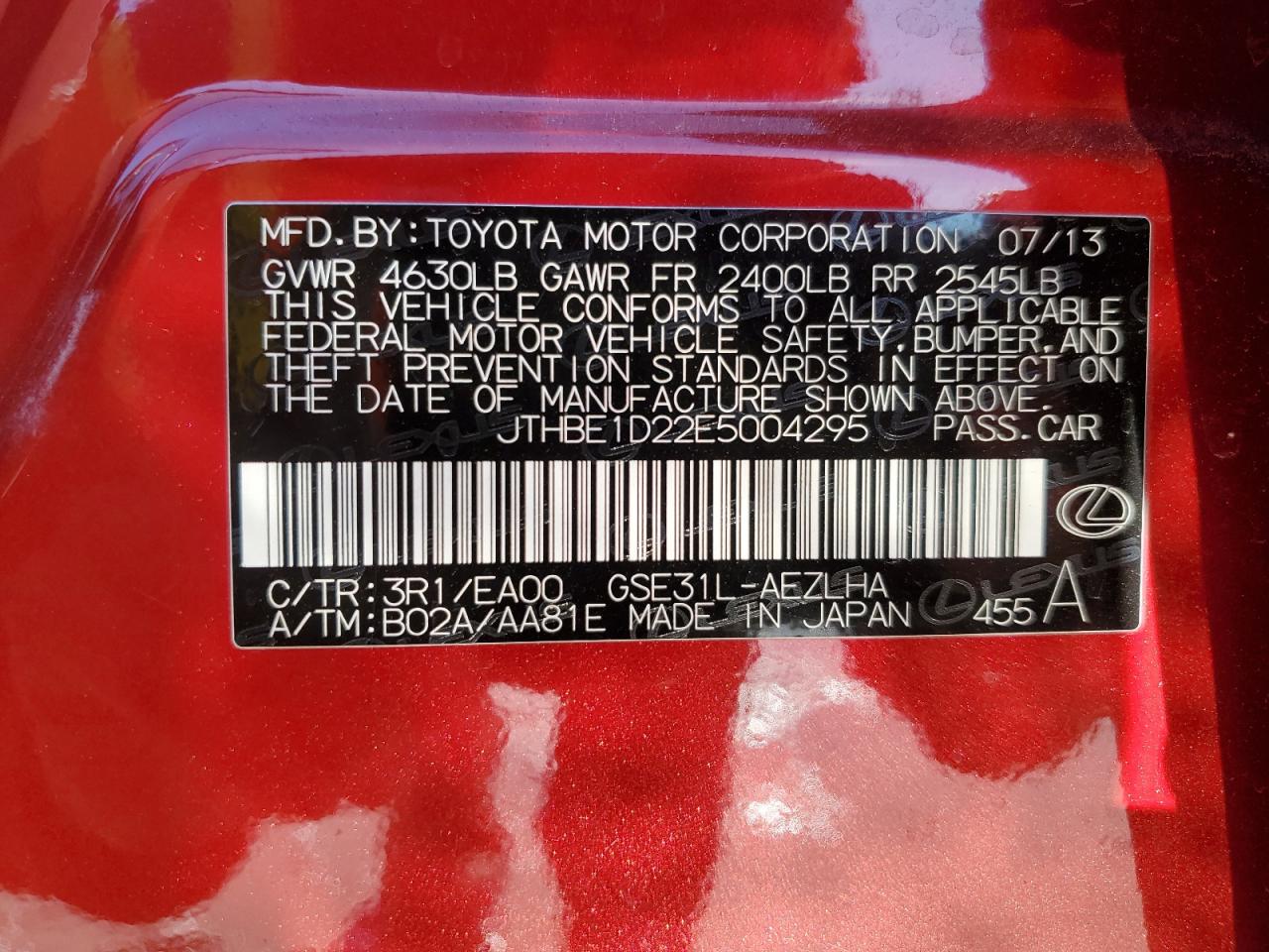 2014 Lexus Is 350 VIN: JTHBE1D22E5004295 Lot: 84750694