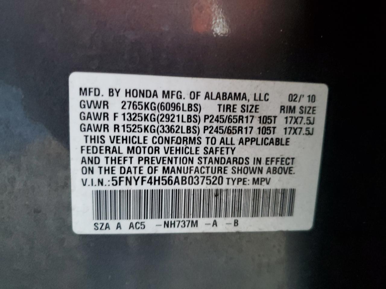 2010 Honda Pilot Exl VIN: 5FNYF4H56AB037520 Lot: 83153914