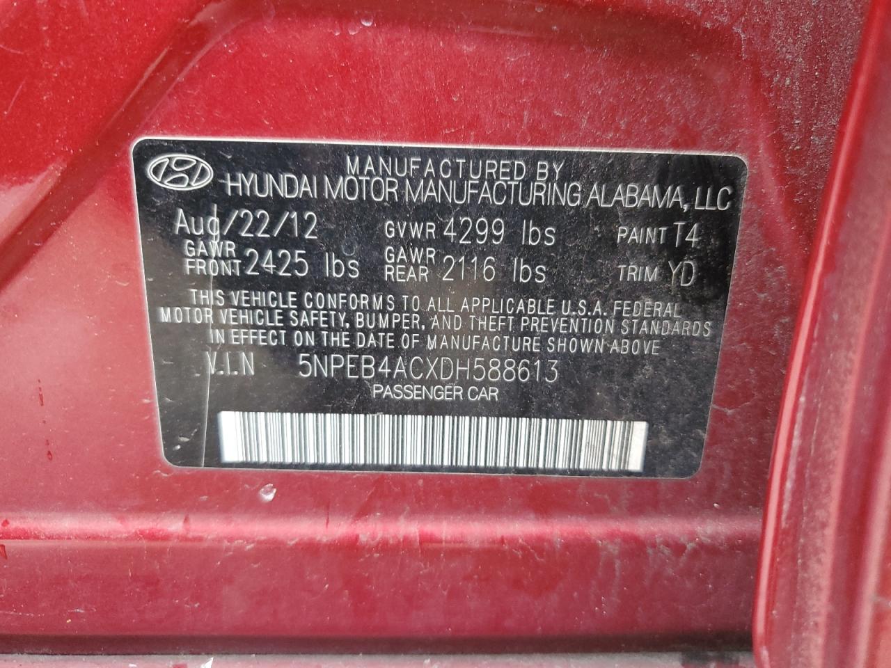 2013 Hyundai Sonata Gls VIN: 5NPEB4ACXDH588613 Lot: 83609134