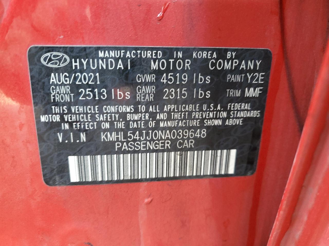 2022 Hyundai Sonata Hybrid VIN: KMHL54JJ0NA039648 Lot: 85372464