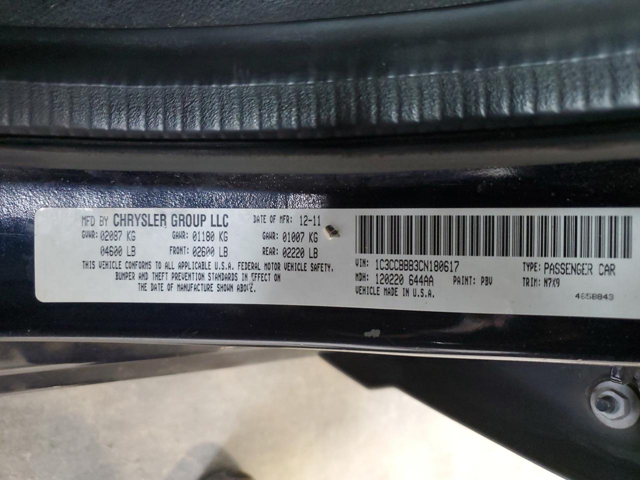 2012 Chrysler 200 Touring VIN: 1C3CCBBB3CN180617 Lot: 69845815