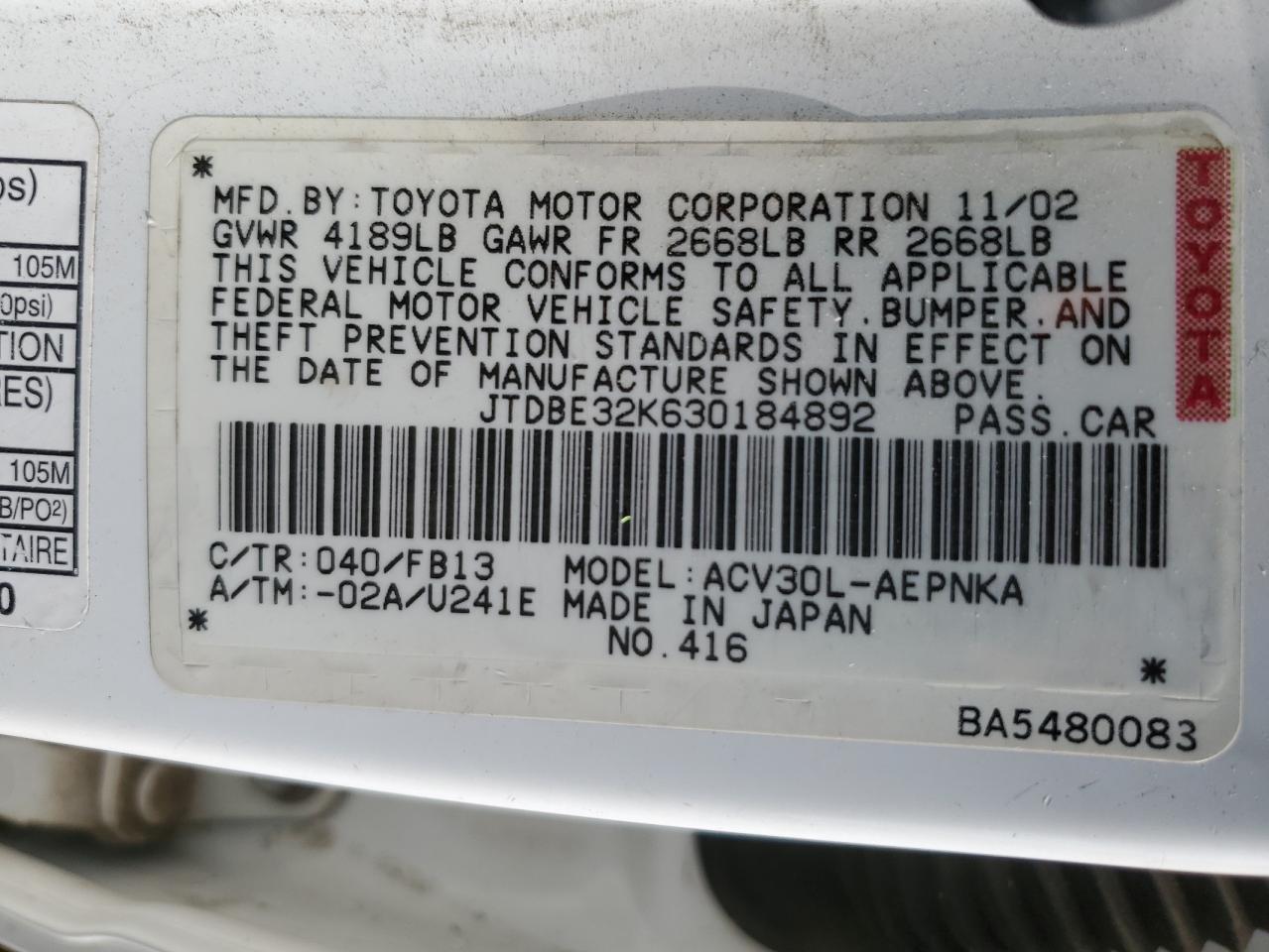 2003 Toyota Camry Le VIN: JTDBE32K630184892 Lot: 87085244