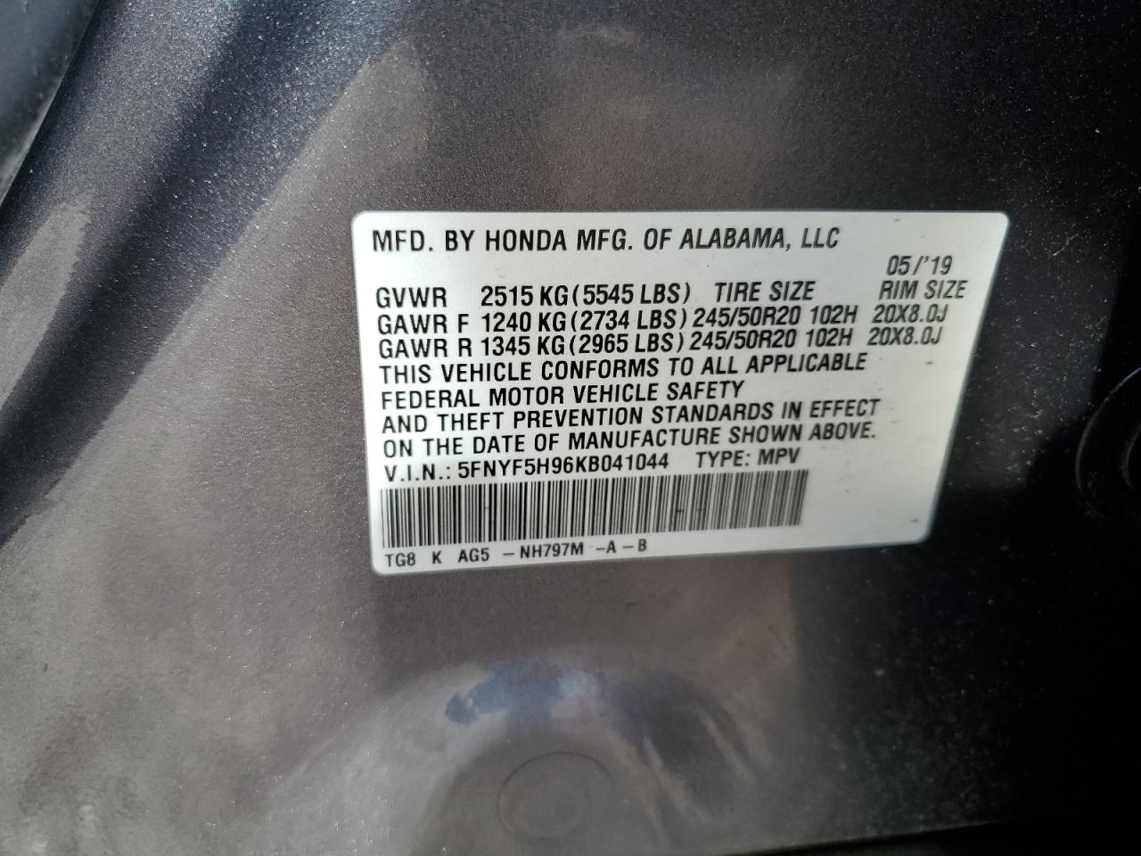 2019 Honda Pilot Touring VIN: 5FNYF5H96KB041044 Lot: 85808604