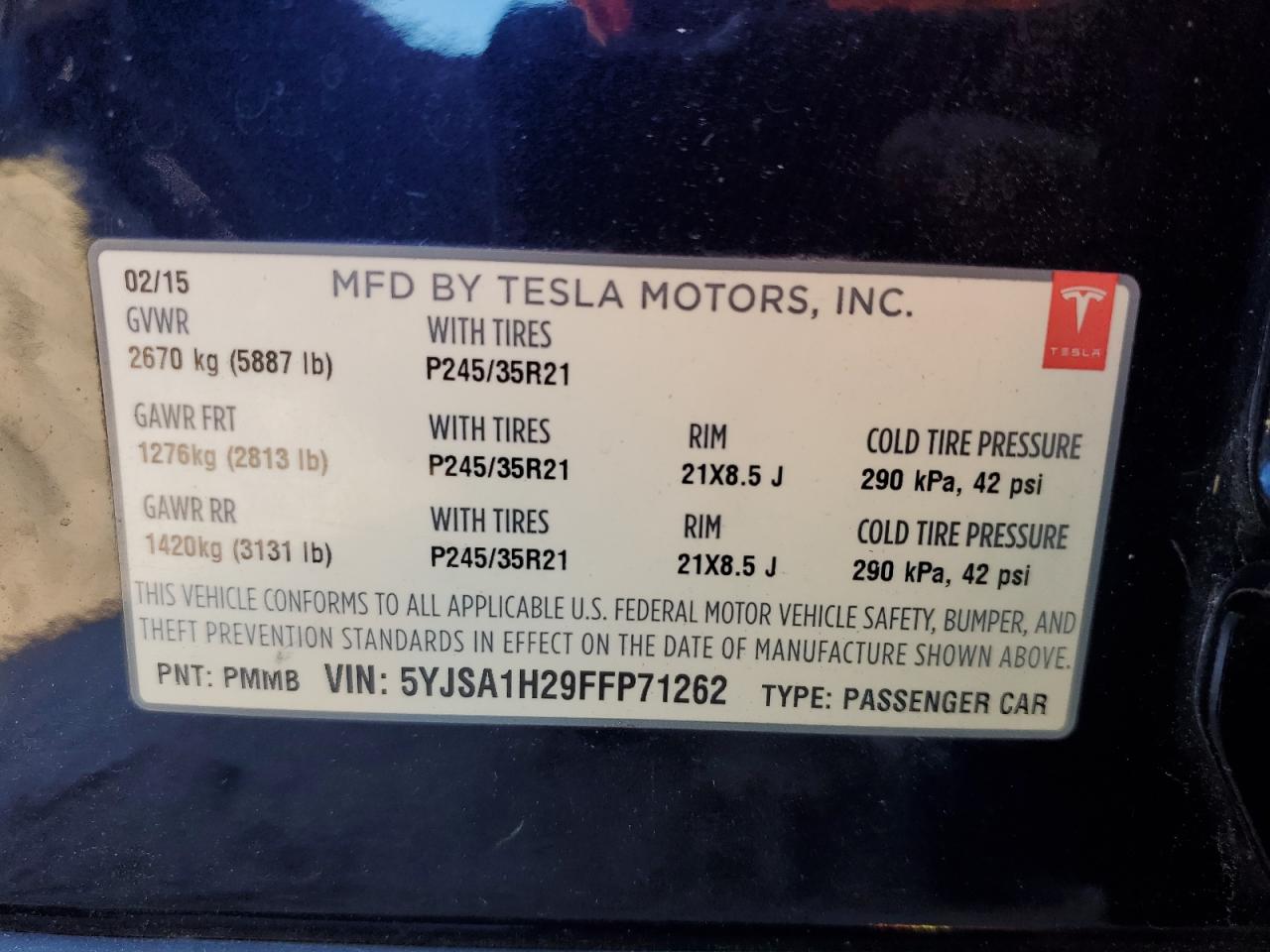 VIN 5YJSA1H29FFP71262 2015 TESLA MODEL S no.12