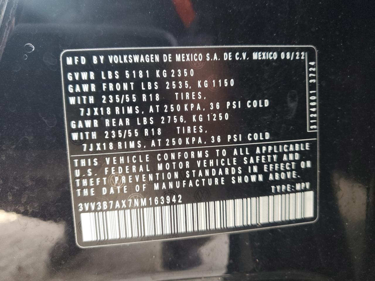 2022 Volkswagen Tiguan Se VIN: 3VV3B7AX7NM163942 Lot: 83618674