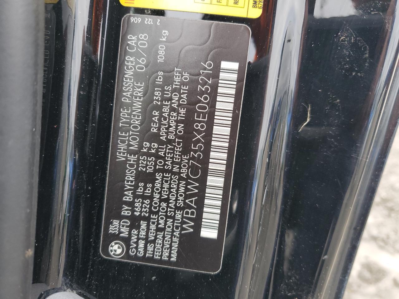 2008 BMW 335 Xi VIN: WBAWC735X8E063215 Lot: 84158684