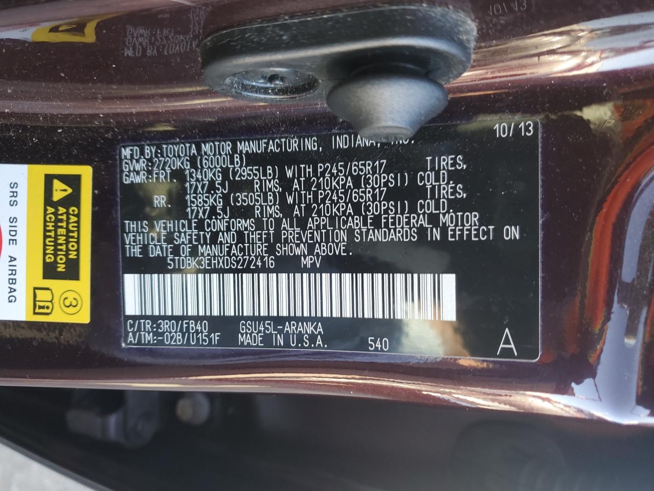 VIN 5TDBK3EHXDS272416 2013 TOYOTA HIGHLANDER no.13