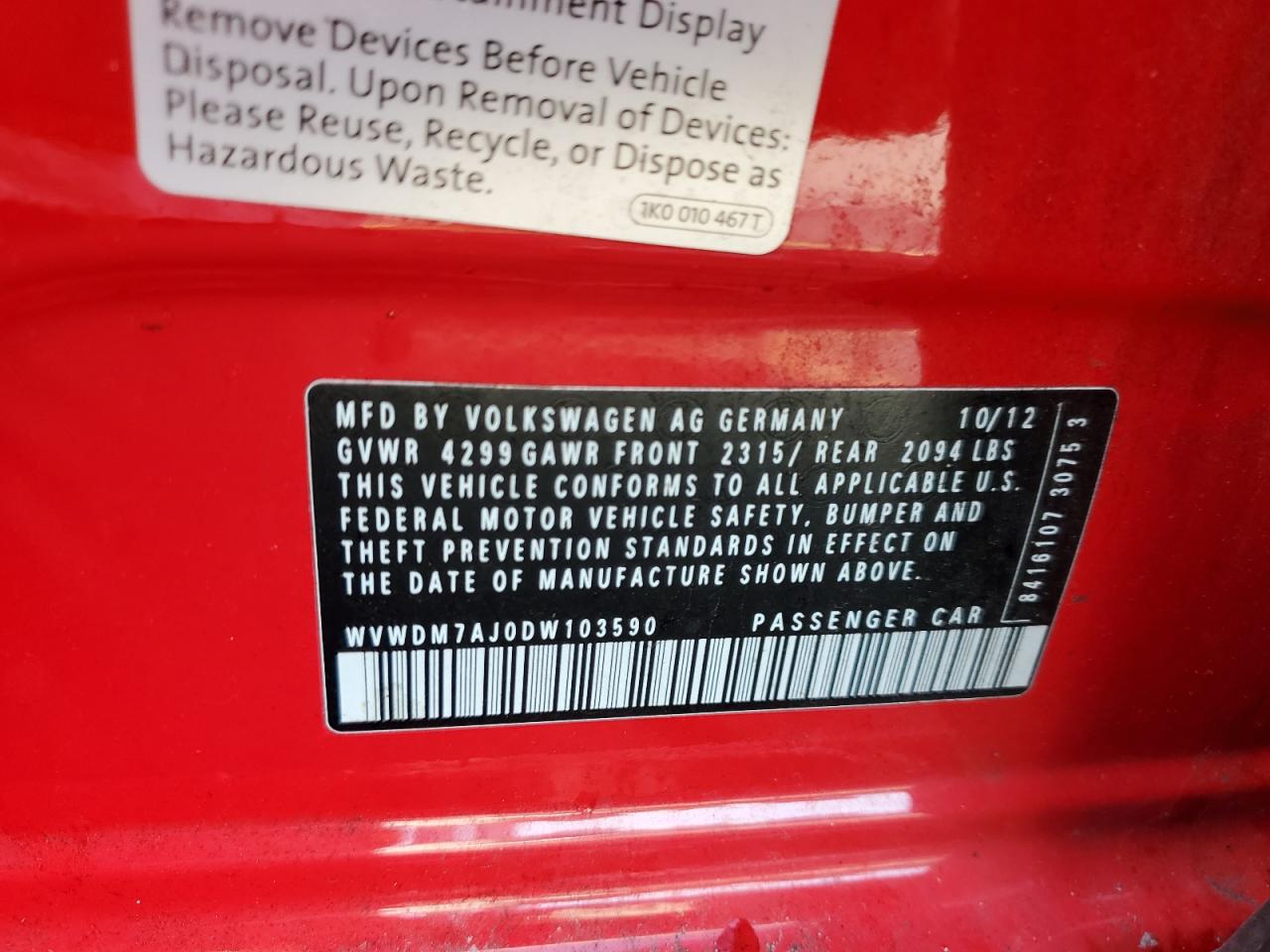 2013 Volkswagen Golf VIN: WVWDM7AJ0DW103590 Lot: 85390654