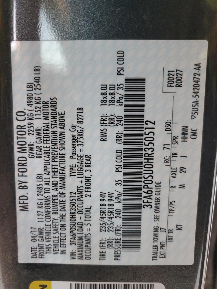 2017 Ford Fusion Titanium Phev VIN: 3FA6P0SU0HR350512 Lot: 85306624