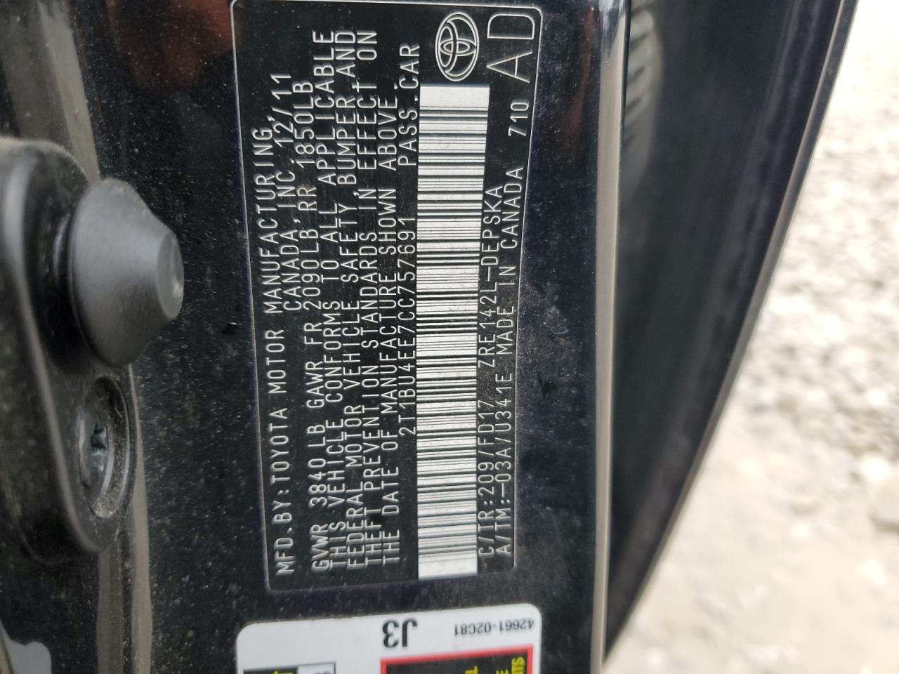 2012 Toyota Corolla Base VIN: 2T1BU4EE7CC757691 Lot: 86292204