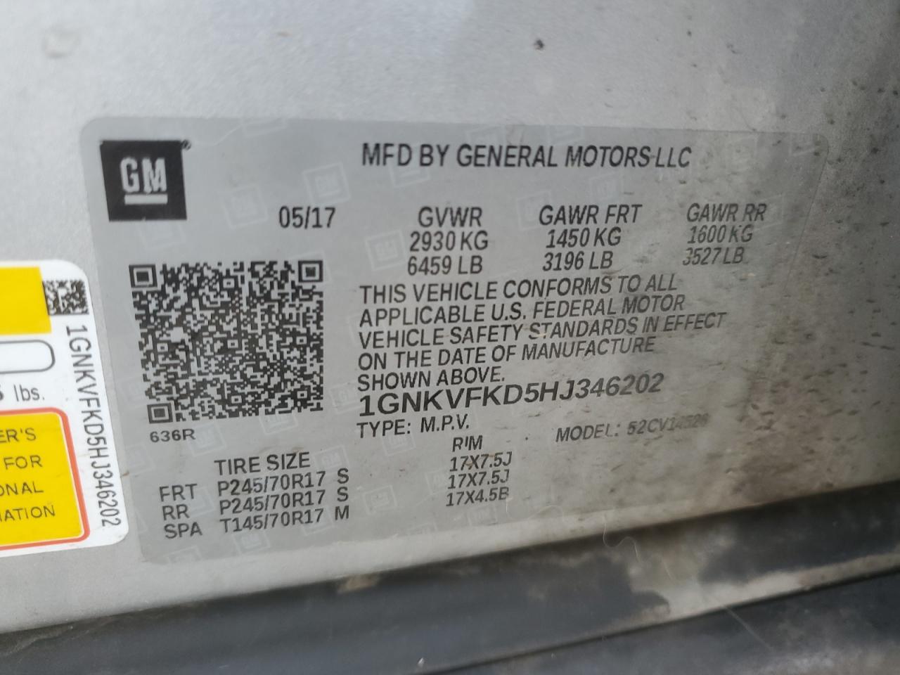 VIN 1GNKVFKD5HJ346202 2017 CHEVROLET TRAVERSE no.13