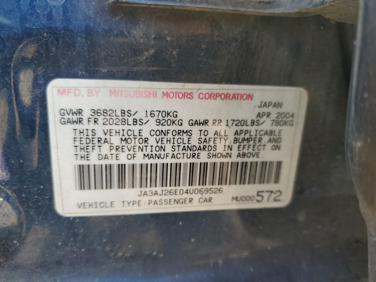 2004 Mitsubishi Lancer Es VIN: JA3AJ26E04U069526 Lot: 83693904