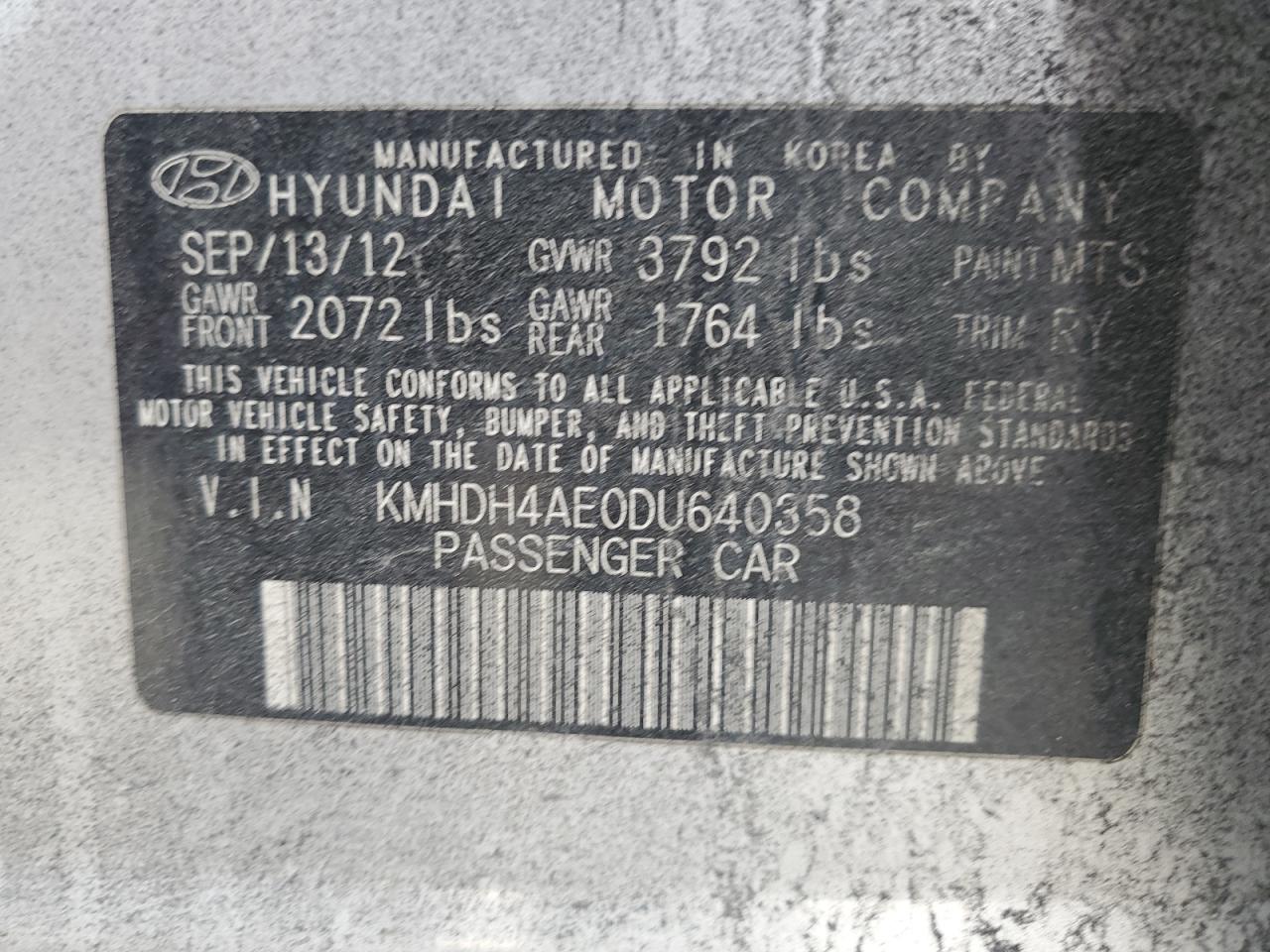 VIN KMHDH4AE0DU640358 2013 HYUNDAI ELANTRA no.12