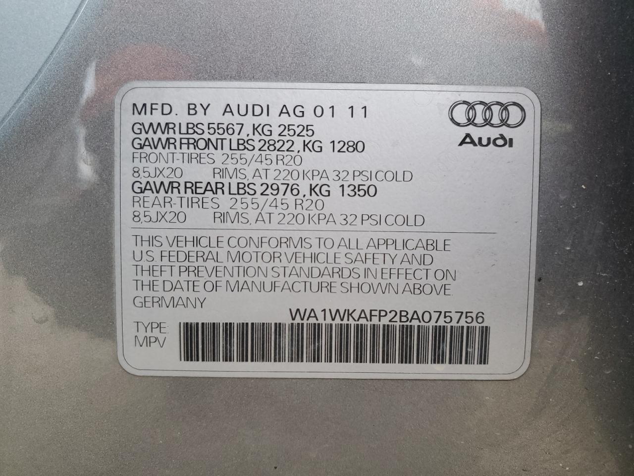 2011 Audi Q5 Prestige VIN: WA1WKAFP2BA075756 Lot: 85464134