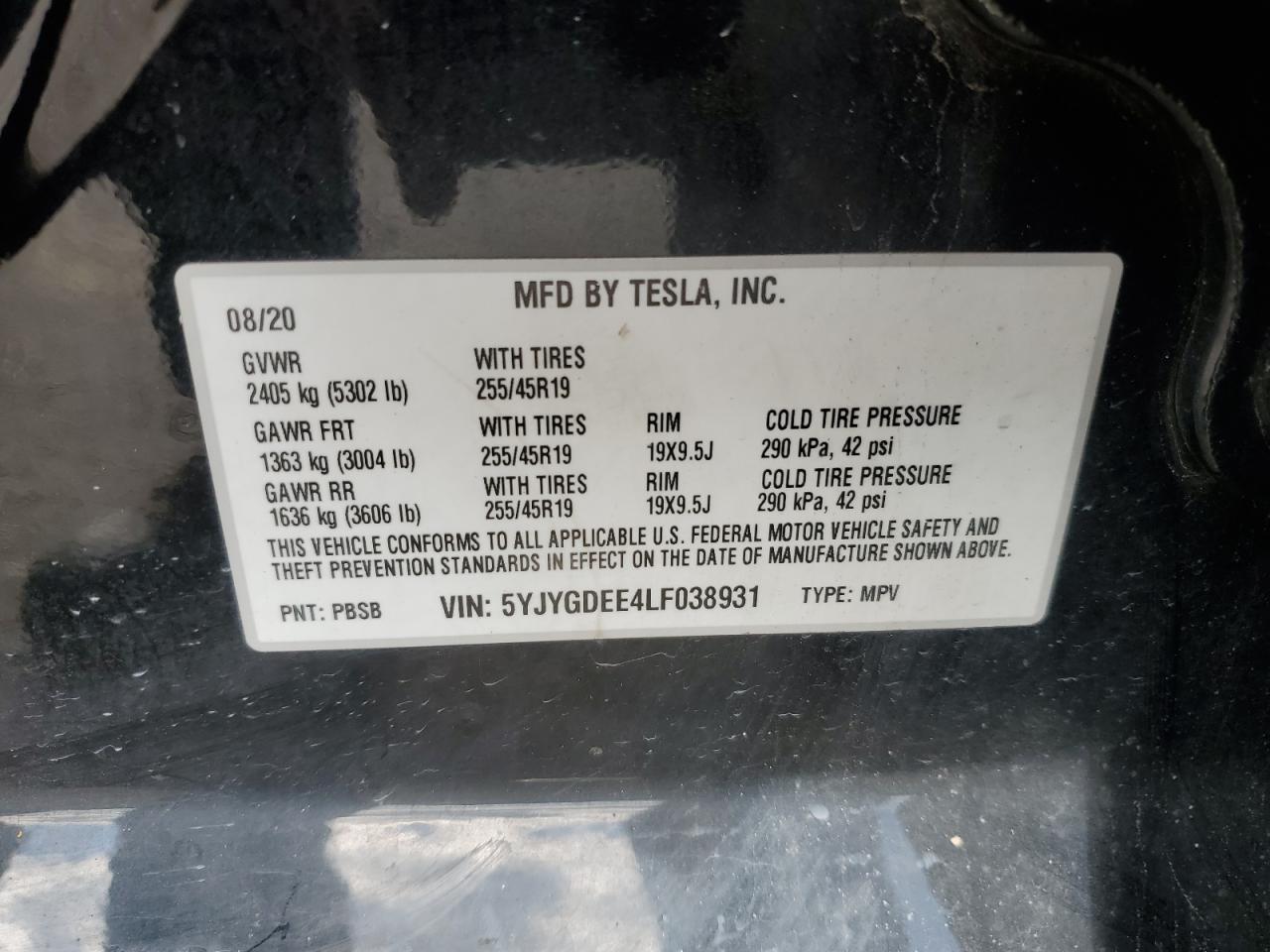 2020 Tesla Model Y VIN: 5YJYGDEE4LF038931 Lot: 84718234