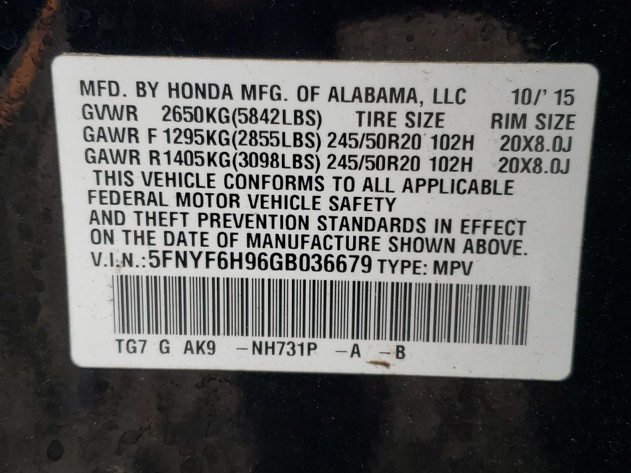 VIN 5FNYF6H96GB036679 2016 HONDA PILOT no.13