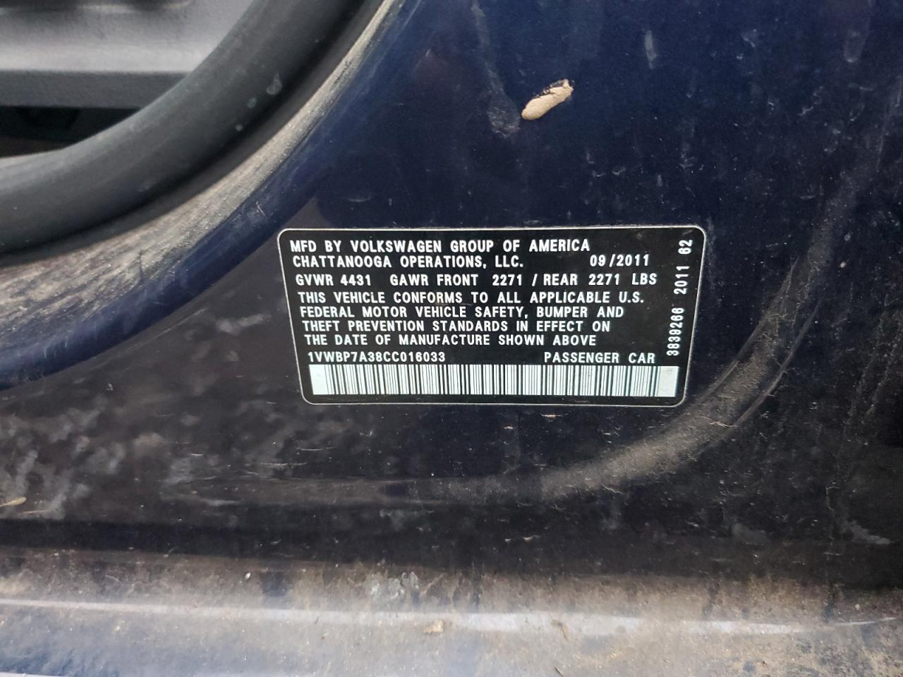 2012 Volkswagen Passat Se VIN: 1VWBP7A38CC016033 Lot: 86266054