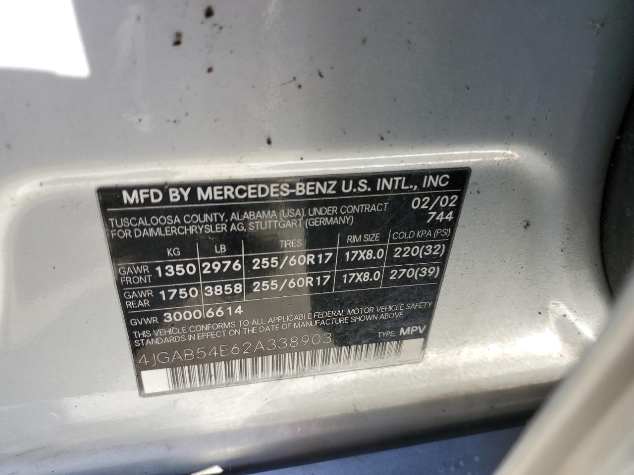 2002 Mercedes-Benz Ml 320 VIN: 4JGAB54E62A338903 Lot: 83446494