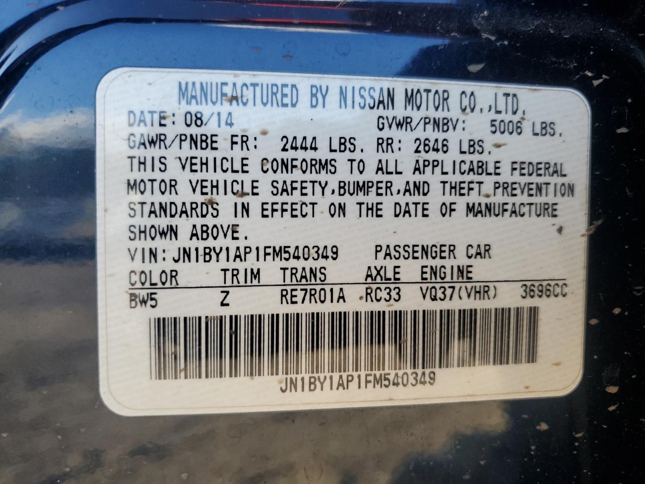 2015 Infiniti Q70 3.7 VIN: JN1BY1AP1FM540349 Lot: 84933704