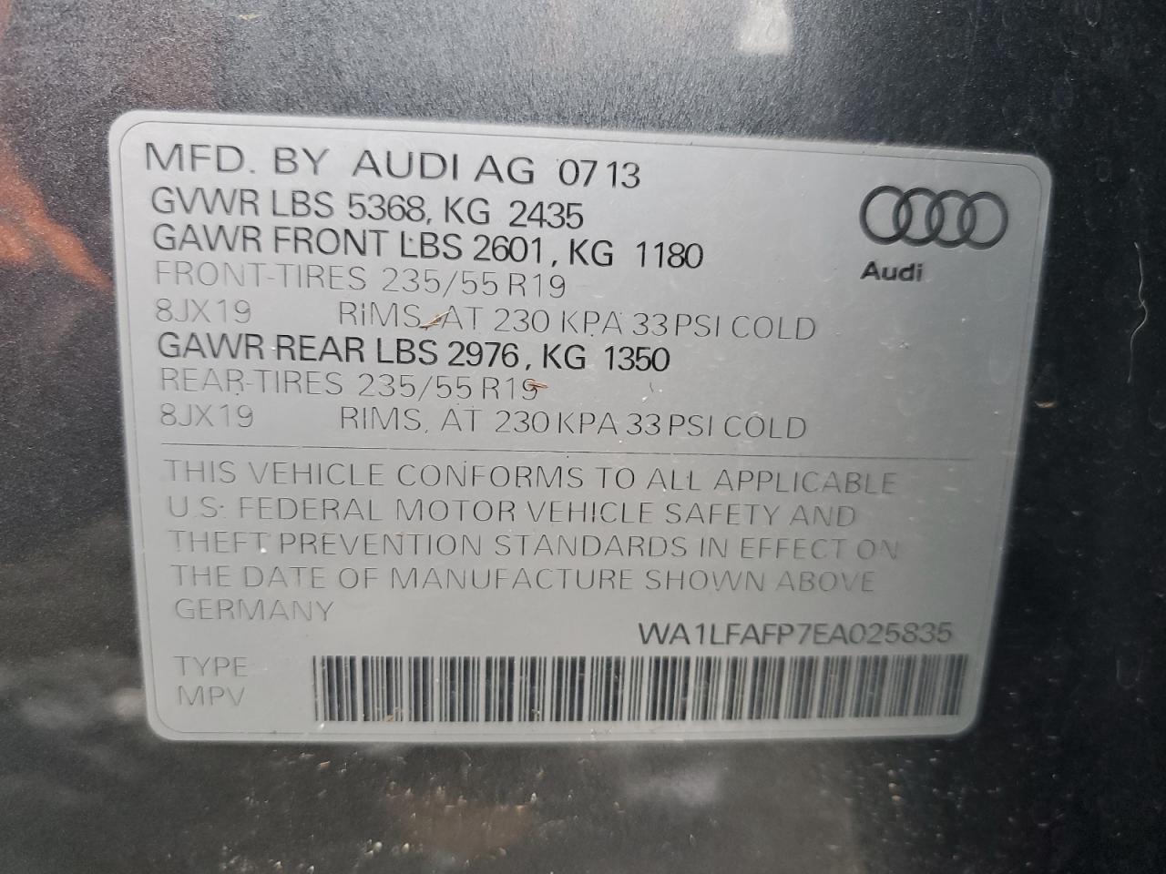 VIN WA1LFAFP7EA025835 2014 AUDI Q5 no.13