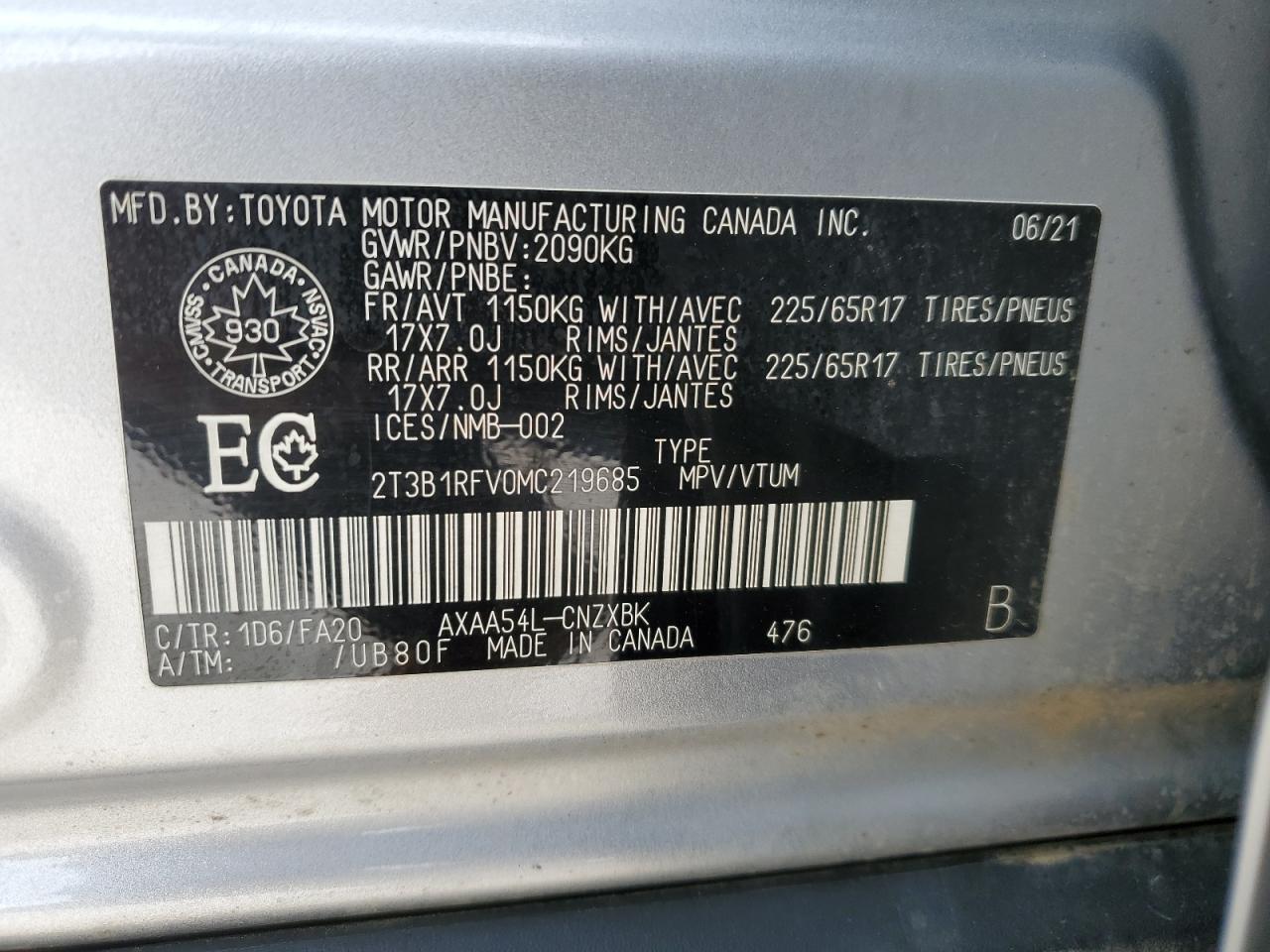 2021 Toyota Rav4 Le VIN: 2T3B1RFV0MC219685 Lot: 84187094