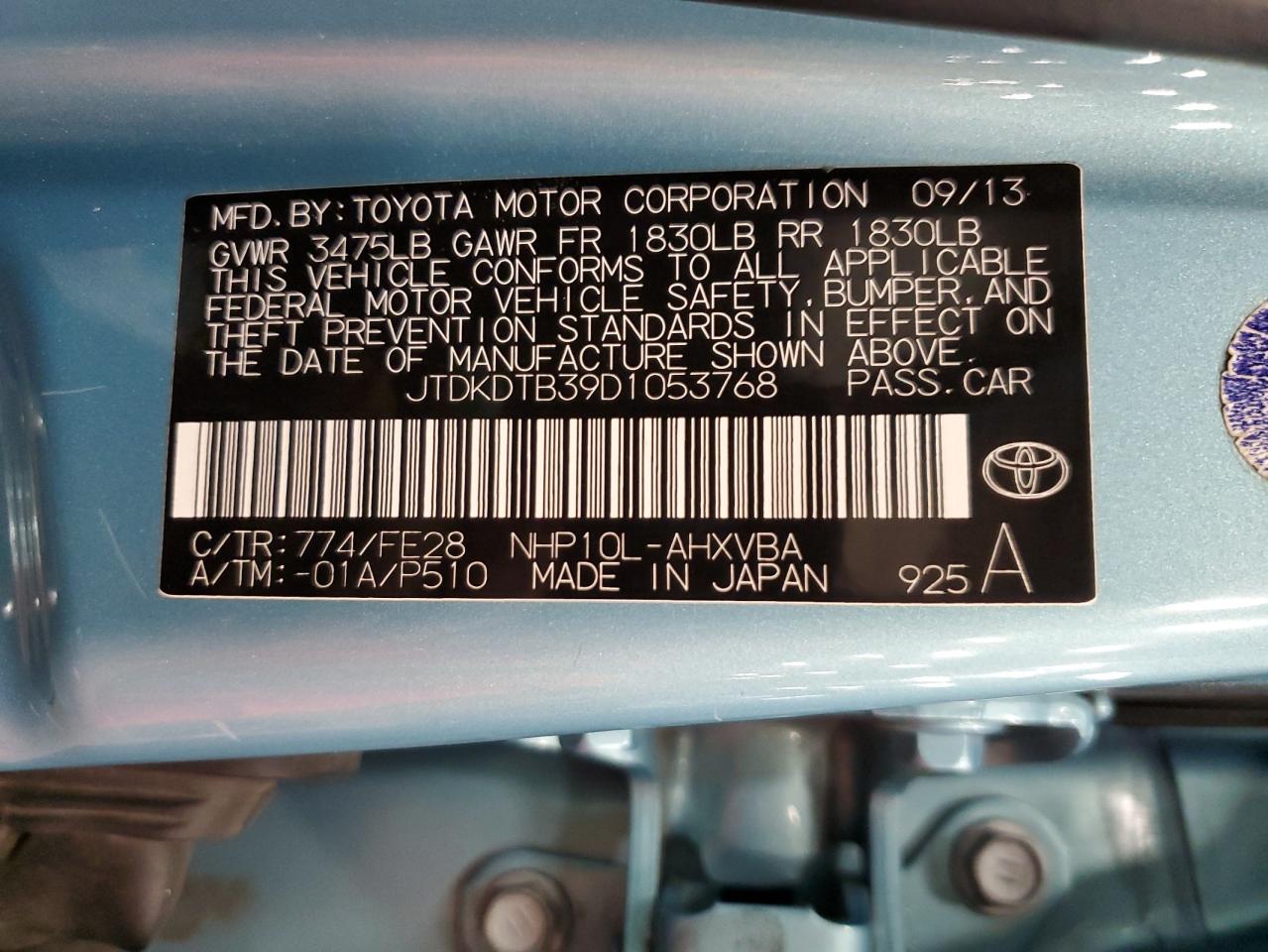 VIN JTDKDTB39D1053768 2013 TOYOTA PRIUS no.12