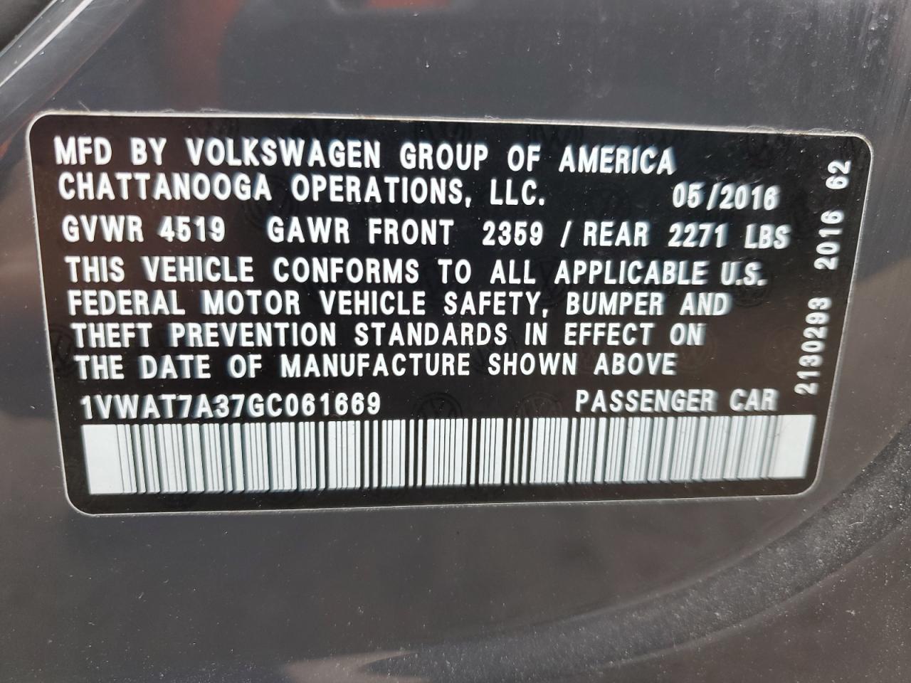 2016 Volkswagen Passat S VIN: 1VWAT7A37GC061669 Lot: 83886714