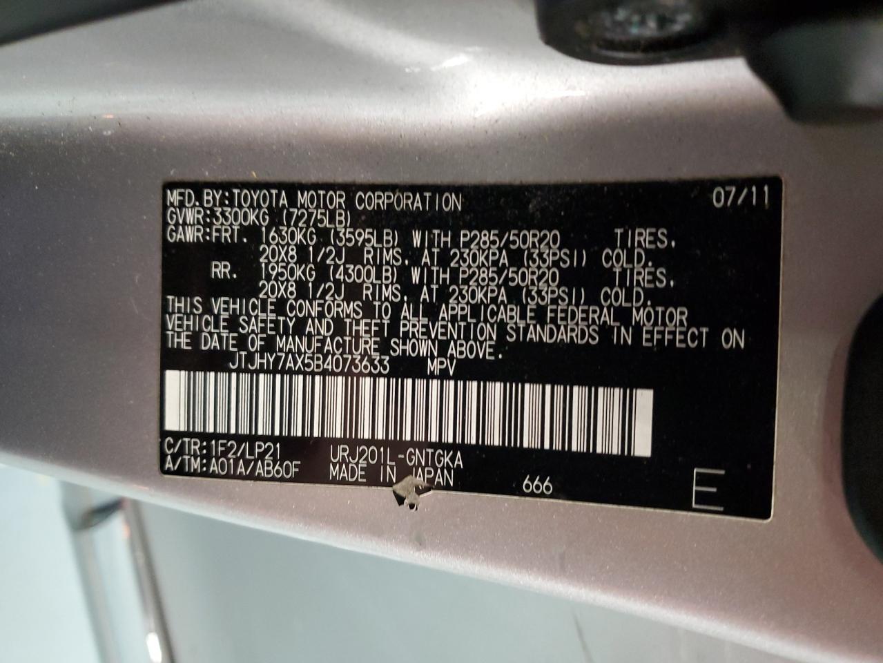 2011 Lexus Lx 570 VIN: JTJHY7AX5B4073633 Lot: 83022494