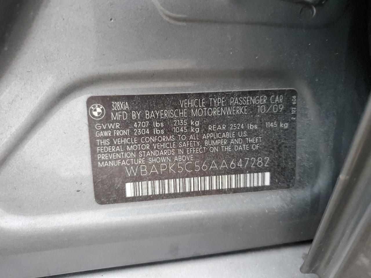 2010 BMW 328 Xi Sulev VIN: WBAPK5C56AA647282 Lot: 85607854