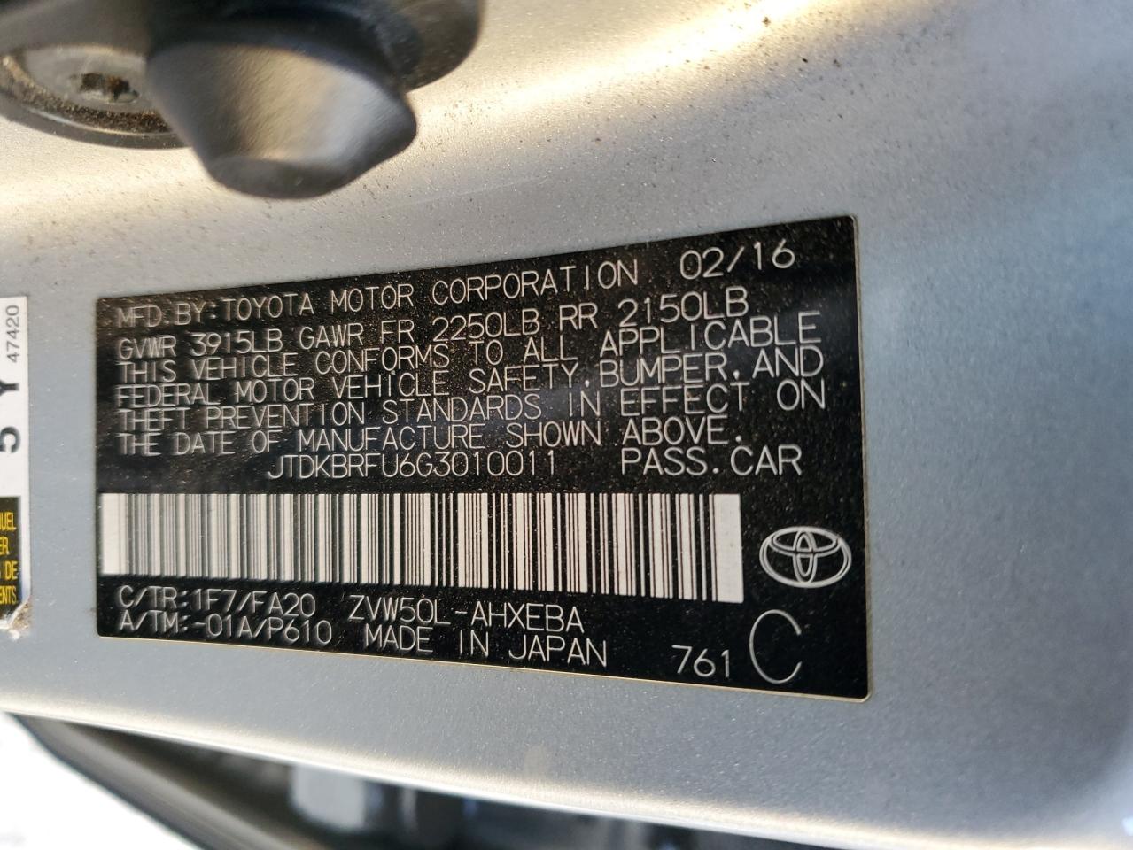 VIN JTDKBRFU6G3010011 2016 TOYOTA PRIUS no.12