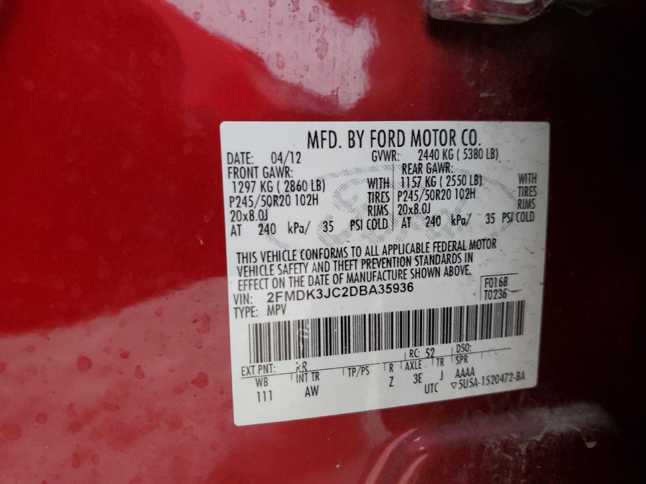 2013 Ford Edge Sel VIN: 2FMDK3JC2DBA35936 Lot: 84520094