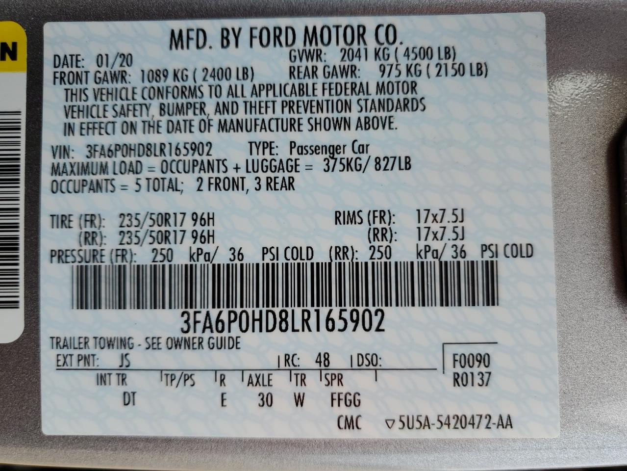 VIN 3FA6P0HD8LR165902 2020 FORD FUSION no.12