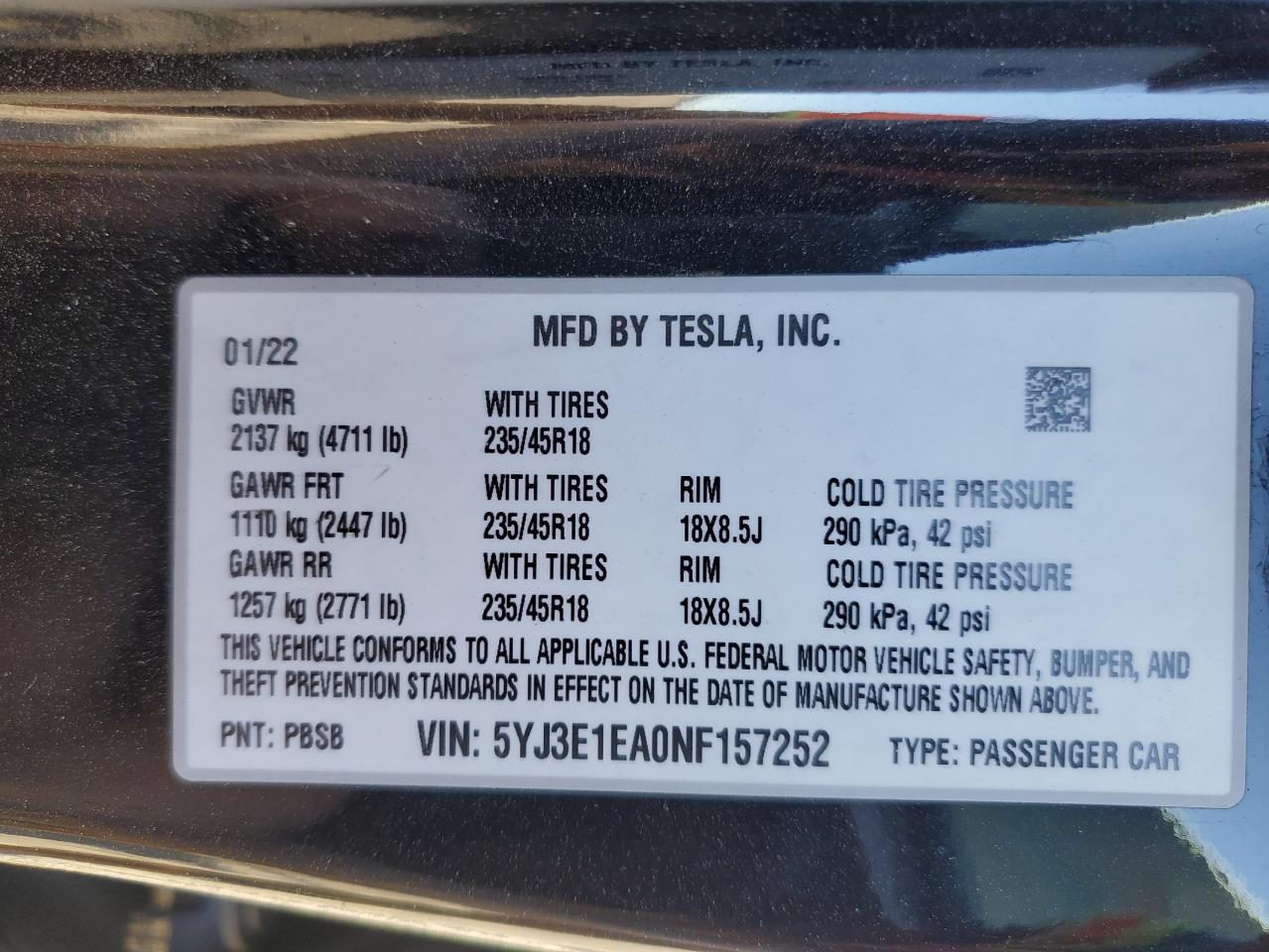 2022 Tesla Model 3 VIN: 5YJ3E1EA0NF157252 Lot: 85074294