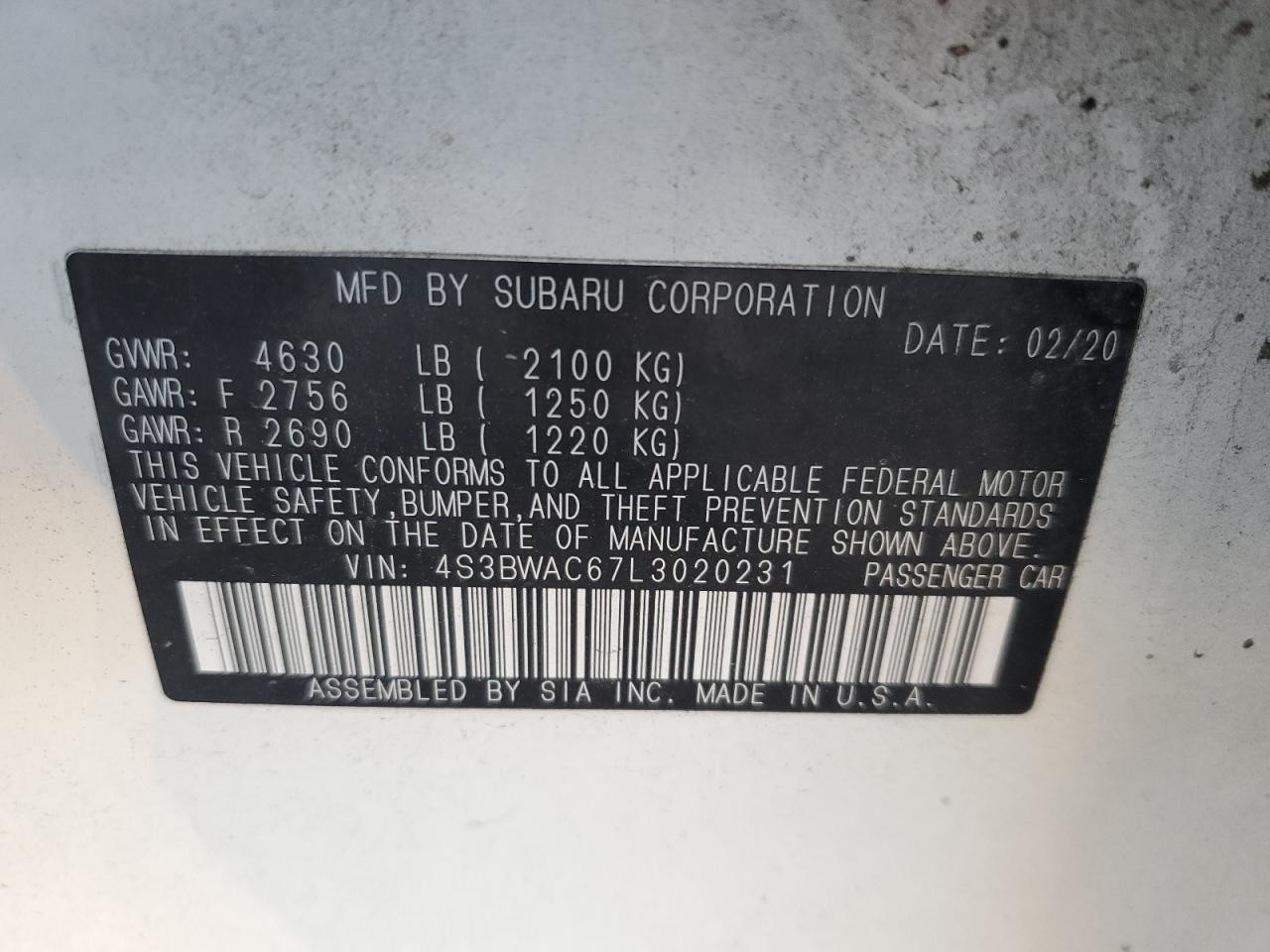 2020 Subaru Legacy Premium VIN: 4S3BWAC67L3020231 Lot: 85390294