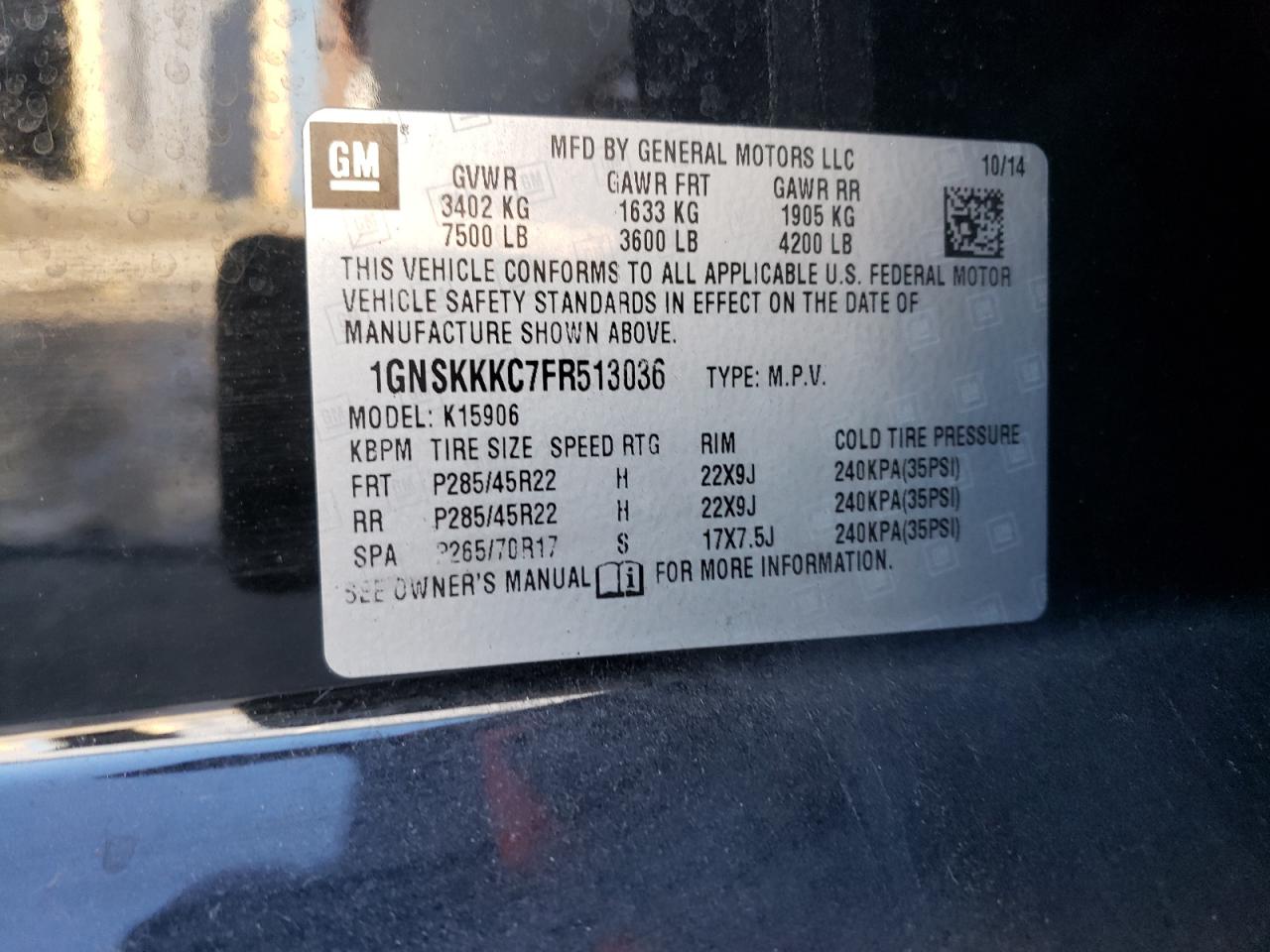 2015 Chevrolet Suburban K1500 Ltz VIN: 1GNSKKKC7FR513036 Lot: 83612794