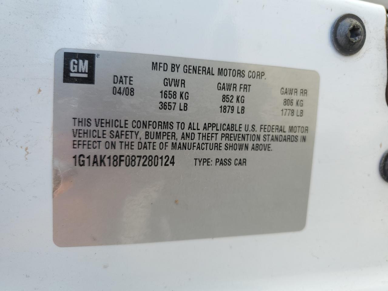 2008 Chevrolet Cobalt Ls VIN: 1G1AK18F087280124 Lot: 86348314