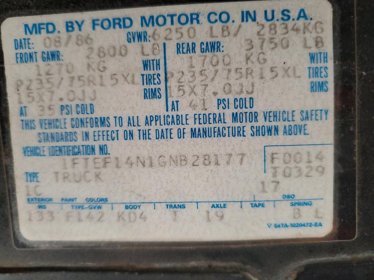 1986 Ford F150 VIN: 1FTEF14N1GNB28177 Lot: 86916464