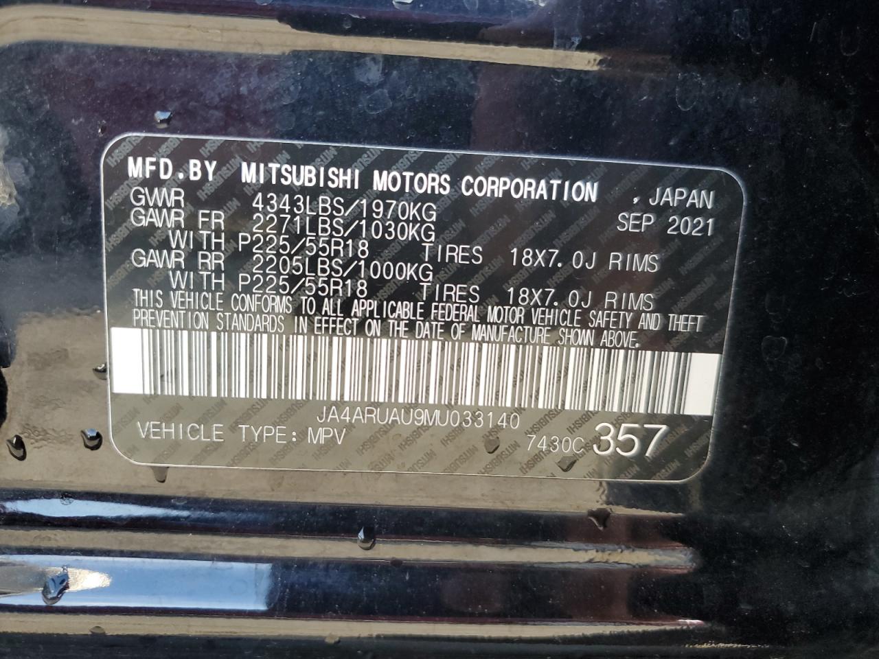 VIN JA4ARUAU9MU033140 2021 MITSUBISHI OUTLANDER no.13