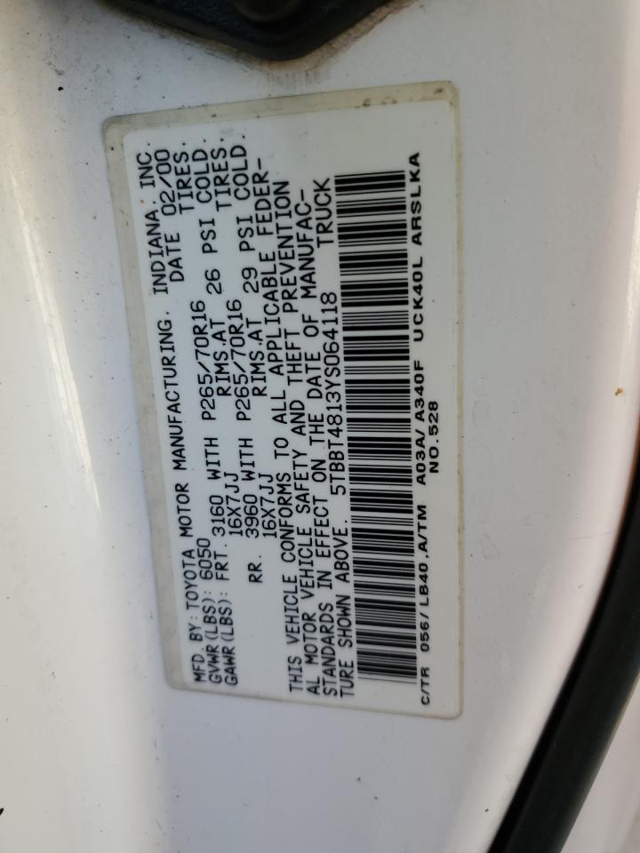 2000 Toyota Tundra Access Cab Limited VIN: 5TBBT4813YS064118 Lot: 41894015