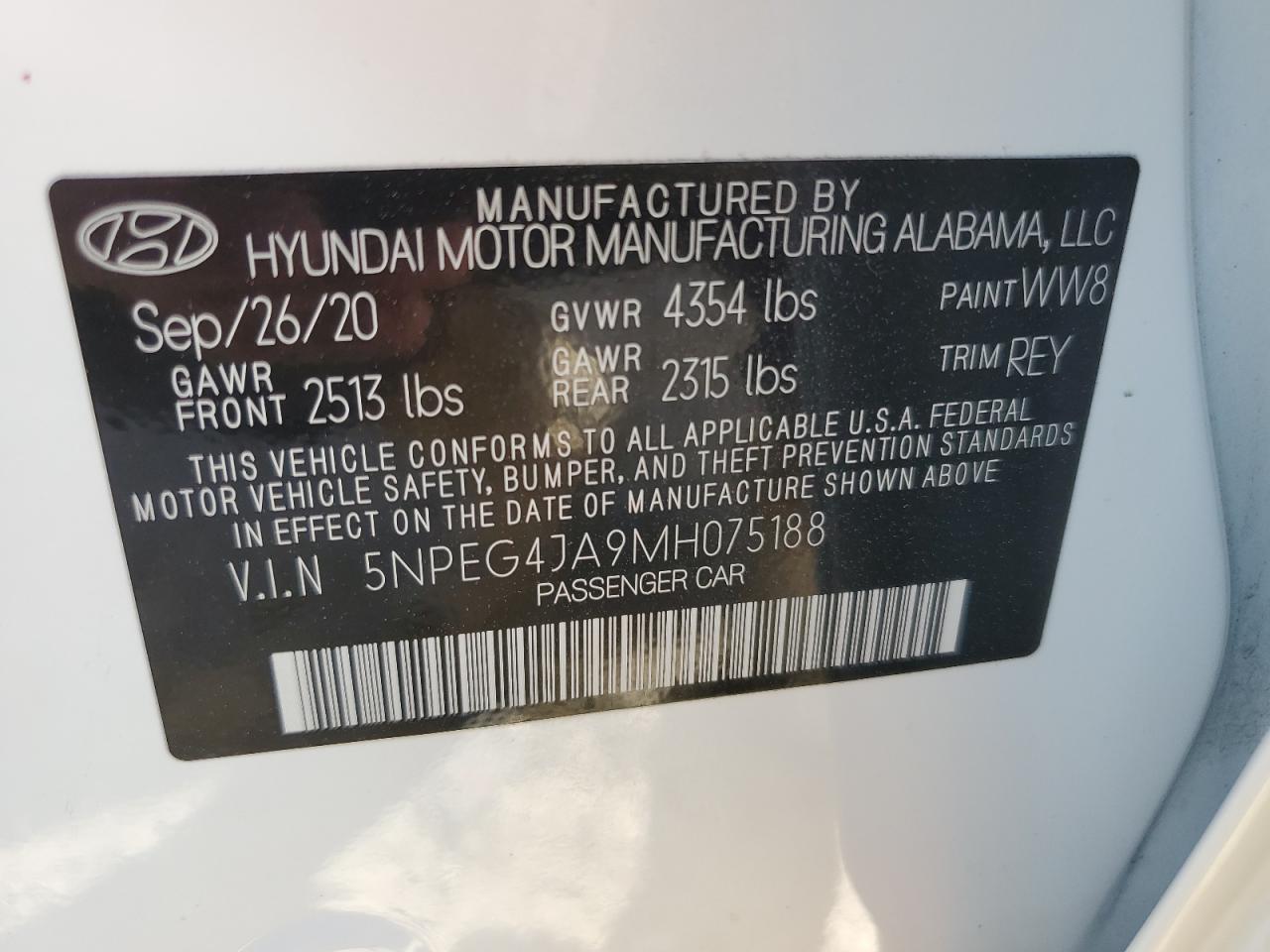 2021 Hyundai Sonata Se VIN: 5NPEG4JA9MH075188 Lot: 84837004