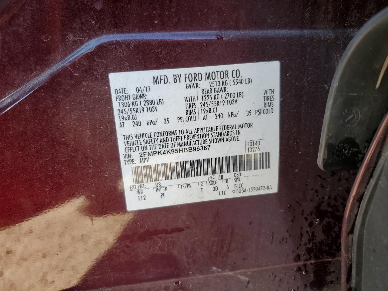 VIN 2FMPK4K95HBB96387 2017 FORD EDGE no.14