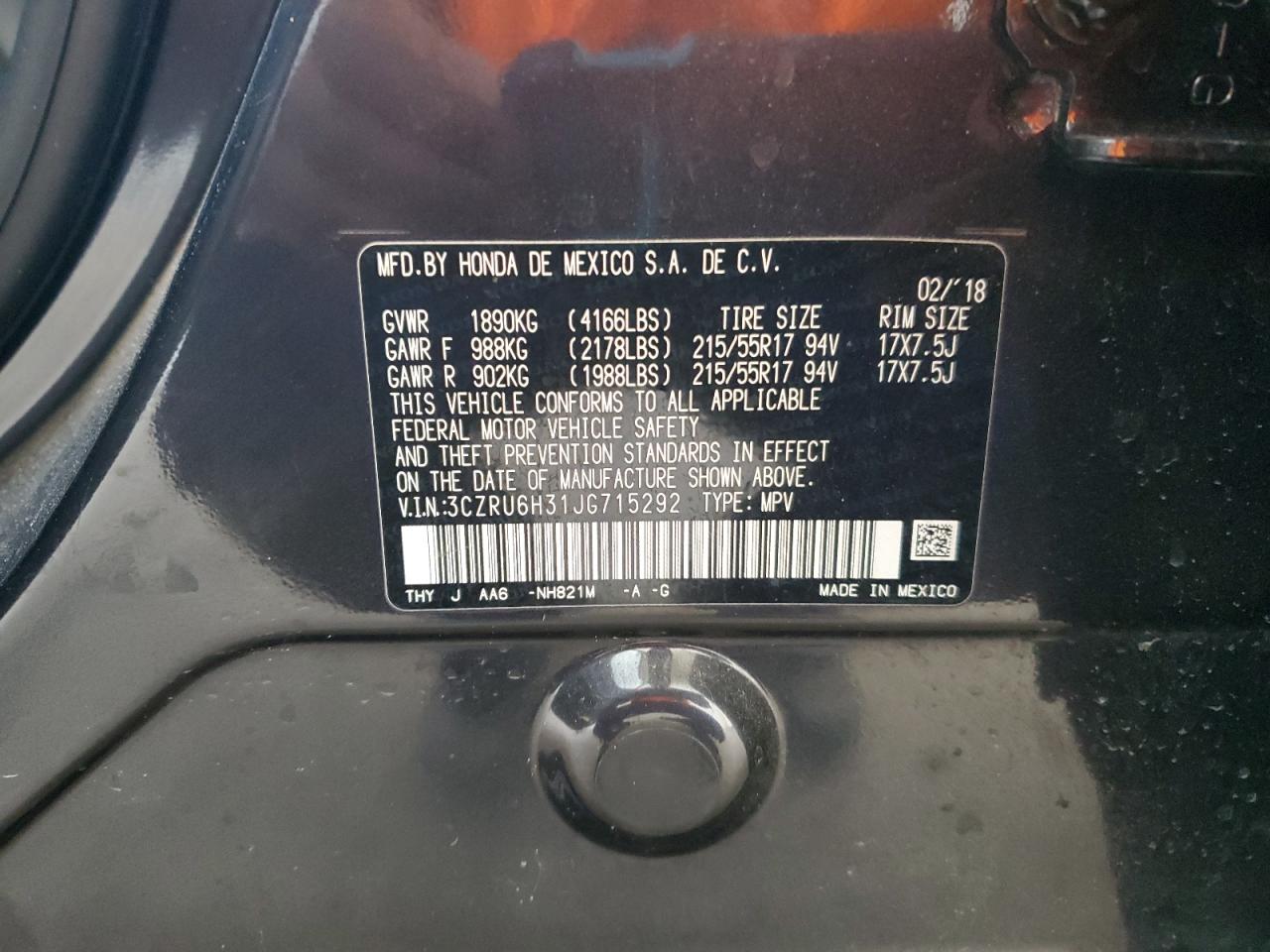 2018 Honda Hr-V Lx VIN: 3CZRU6H31JG715292 Lot: 70764105