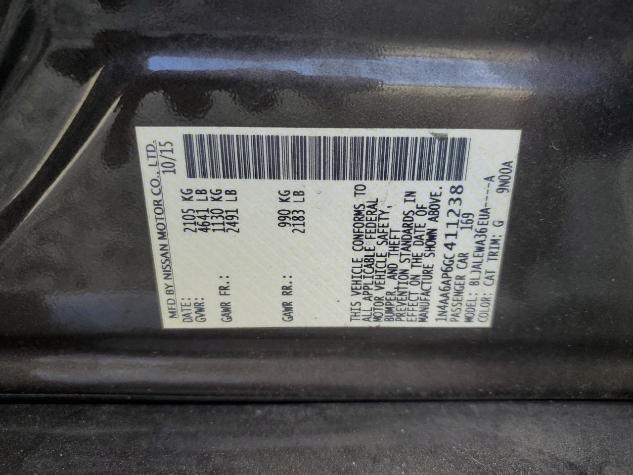 2016 Nissan Maxima 3.5S VIN: 1N4AA6AP6GC411238 Lot: 68065245