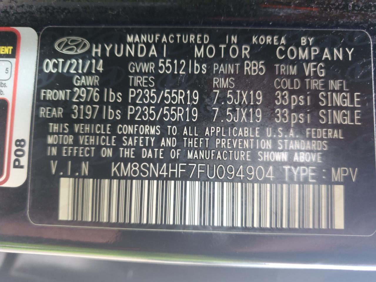 VIN KM8SN4HF7FU094904 2015 HYUNDAI SANTA FE no.13