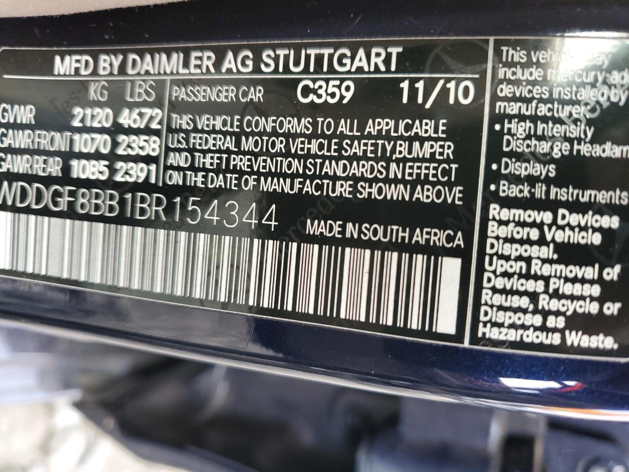 2011 Mercedes-Benz C 300 4Matic VIN: WDDGF8BB1BR154344 Lot: 84060574