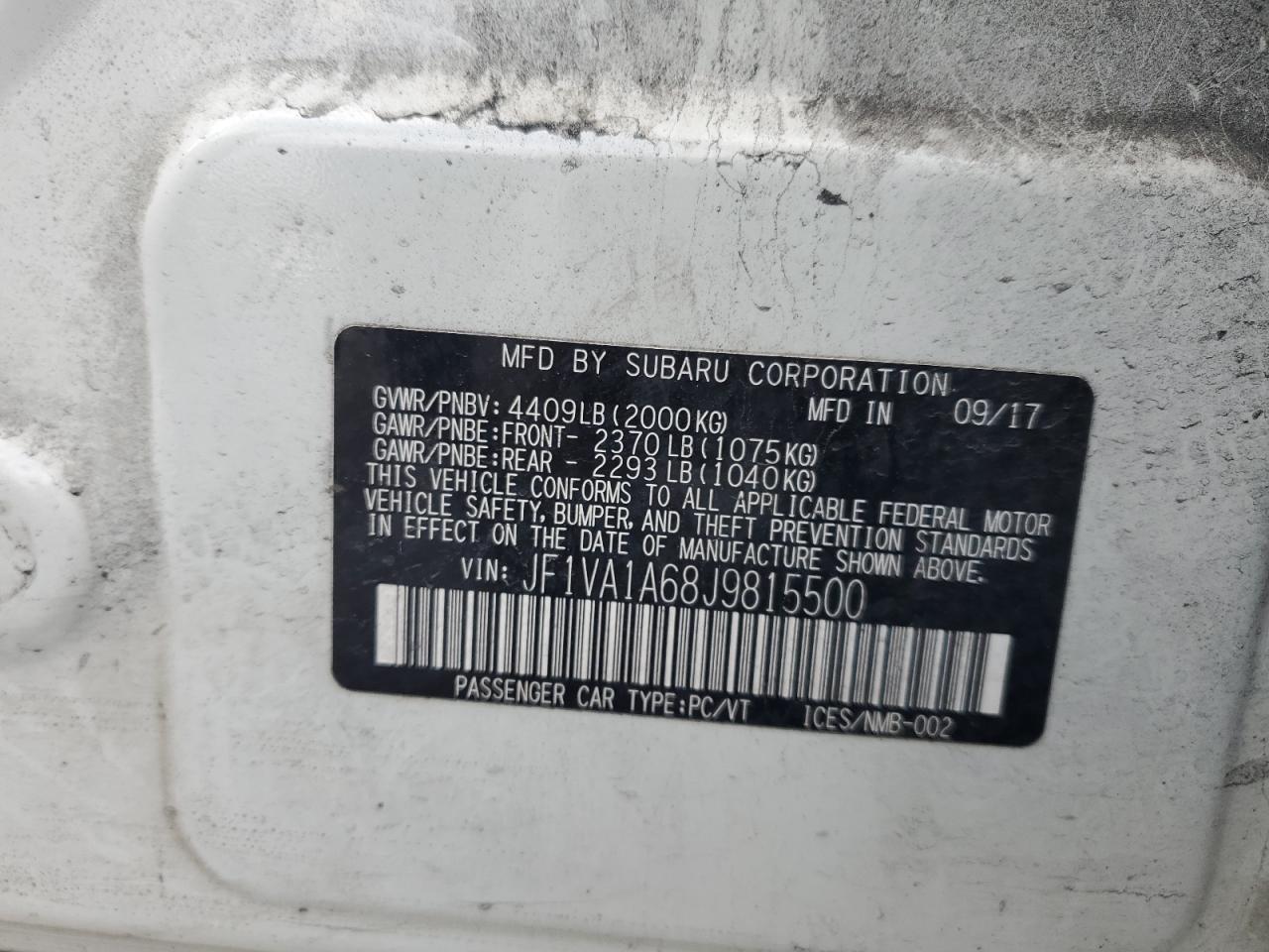 2018 Subaru Wrx VIN: JF1VA1A68J9815500 Lot: 83489124