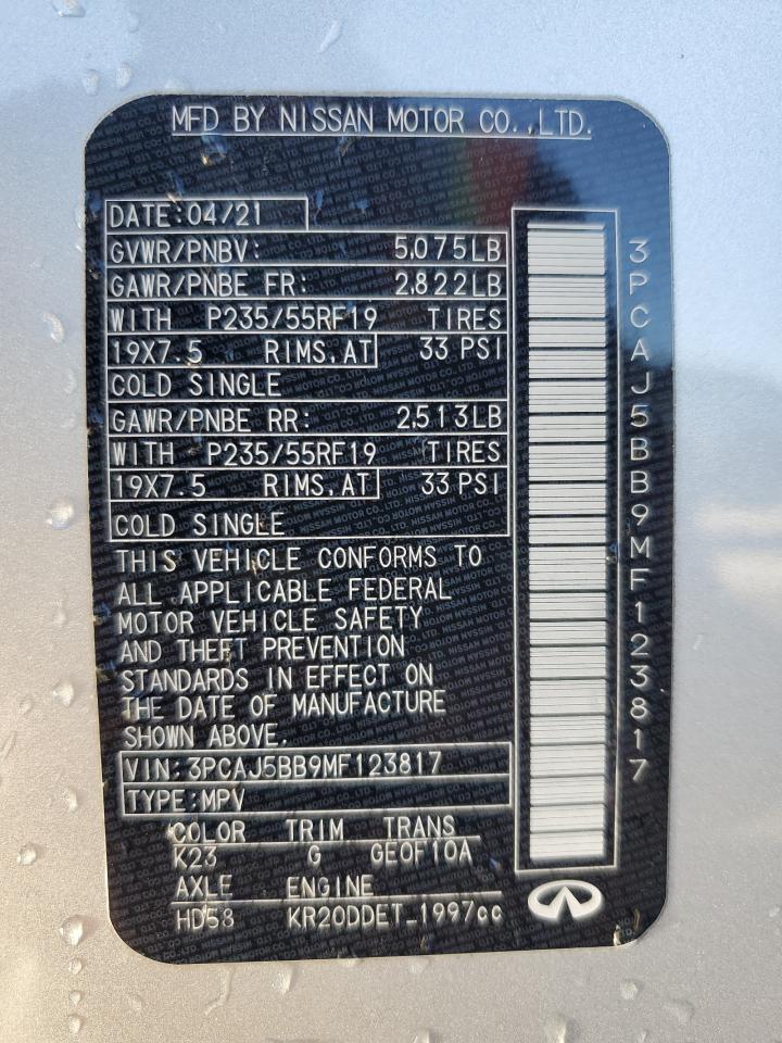 2021 Infiniti Qx50 Luxe VIN: 3PCAJ5BB9MF123817 Lot: 81166514