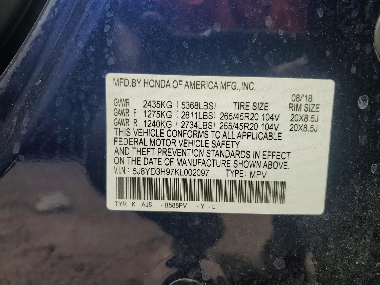 VIN 5J8YD3H97KL002097 2019 ACURA MDX no.14