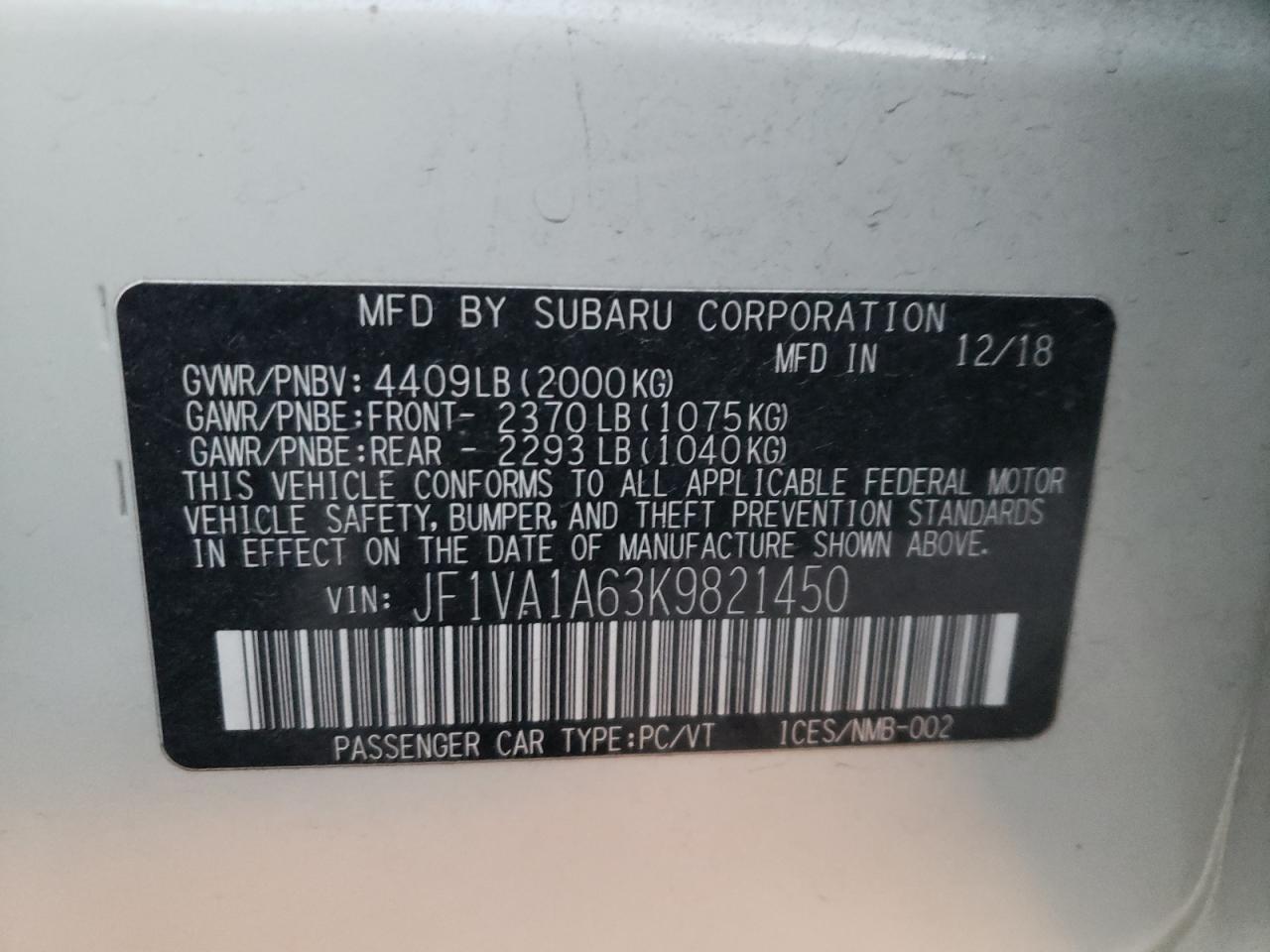 VIN JF1VA1A63K9821450 2019 SUBARU WRX no.12